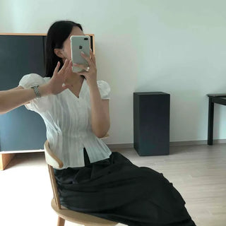 Slim Fit Plain Button Shirred Button-Down Short Sleeve Blouse