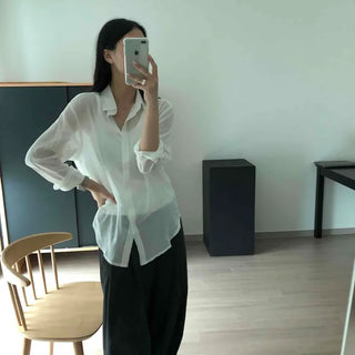 Loose Fit Plain See-through Button-Down Long Sleeve Shirt