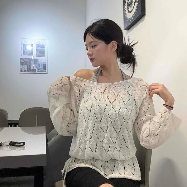 Loose Fit Argyle Punched See-through String Long Sleeve