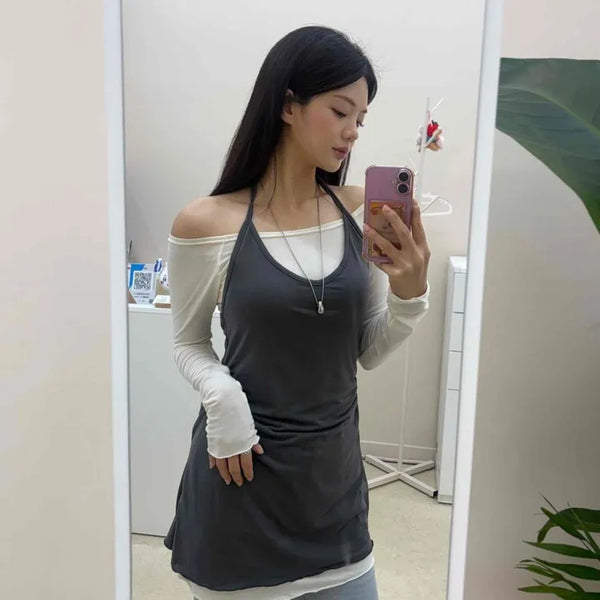 Slim Fit Plain Shirred Ribbon Backless Sleeveless Mini Dress