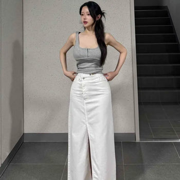 Button Slit Straight Slim Fit Long Skirt