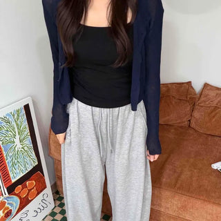 Button See-through Plain Button-Down Loose Fit Long Sleeve Cardigan