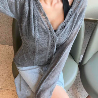 Button-Punched Plain Button-Down Loose Fit Long Sleeve Cardigan
