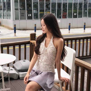 Shirred Ribbon Flower Strap Slim Fit Sleeveless