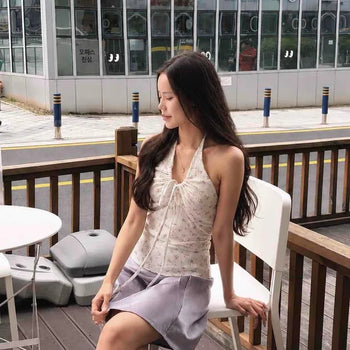 Shirred Ribbon Flower Strap Slim Fit Sleeveless