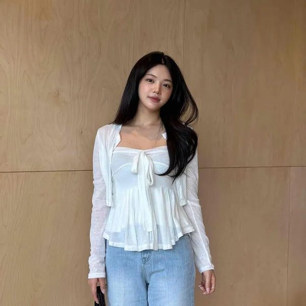 Slim Fit Plain Ribbon Button Button-Down Long Sleeve Cardigan