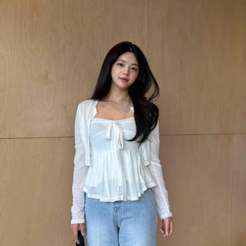 Slim Fit Plain Ribbon Button Button-Down Long Sleeve Cardigan