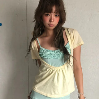 Round front slit shirred short sleeves