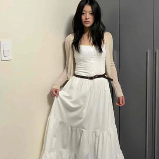 Loose-fit Plain Shirred Frill Strap Sleeveless Long Dress