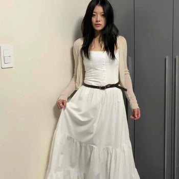 Loose-fit Plain Shirred Frill Strap Sleeveless Long Dress