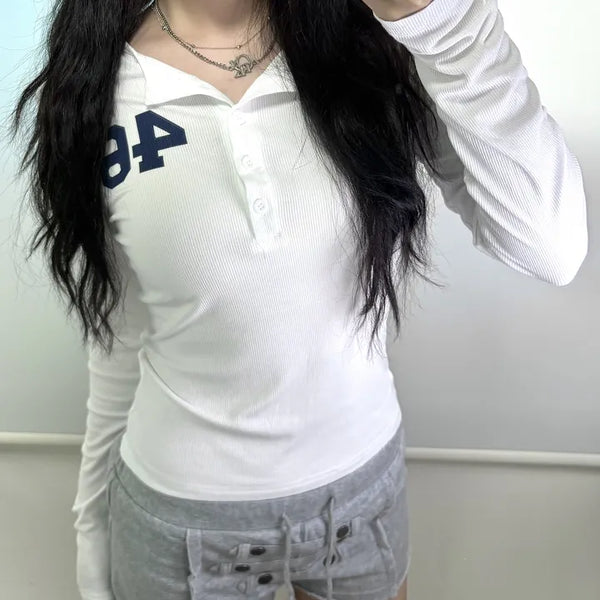 46 Ribbed Button Long Sleeve Tee / Salanta Slim Button Tee Thin Summer Long Sleeve Daily Y2K Long Sleeve Flowy Daily Layering Long Sleeve