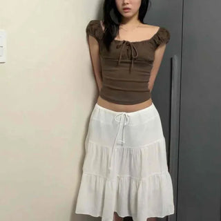 Loose Fit Shirred Frill String Tiered Flare Midi Skirt