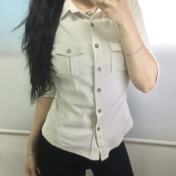 Western Slim Fit Pocket 3/4 Sleeve Shirt / Button Collar Tee Daily Y2K Shirt T-shirt Button Shirt Long Sleeve Summer Long Sleeve