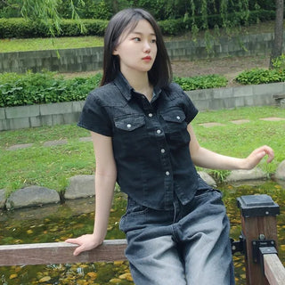 Flap Pocket Contrast Button-Down Slim Fit Washed Short Sleeve Blouse