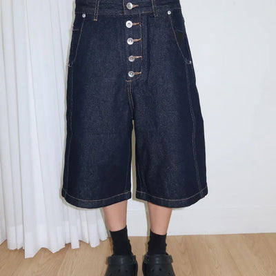 Indigo Button Bermuda Raw Denim Pants