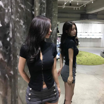 Button Pintuck Layered Straight Slim Fit Mini Skirt