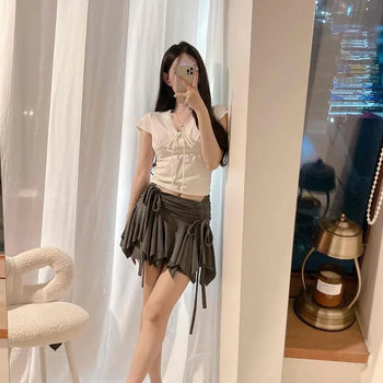 Shirred Frill Ribbon Drape Wrap String Loose Fit Asymmetrical Mini Skirt