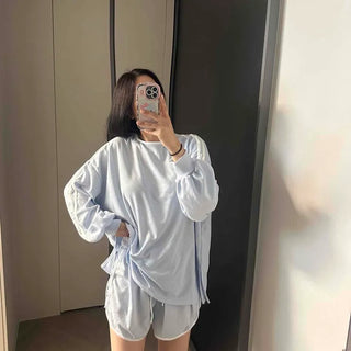 Contrast String Shirring Oversized Plain Long Sleeve Two-Piece Set