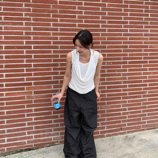 Oversized Striped Cargo Pocket Button Snap Wide Long Pants