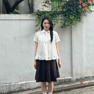 Pintuck Frill Shirring Button-Down A-Line Short Sleeve Blouse