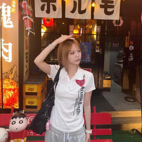 Ways High-neck Button Lettering Collar T-shirt