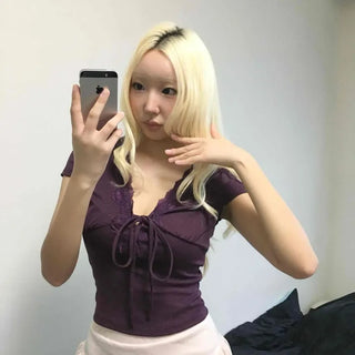 Ribbon Shirring String Plain Slim Fit Short Sleeve T-shirt