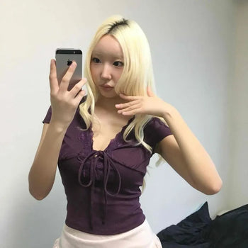 Ribbon Shirring String Plain Slim Fit Short Sleeve T-shirt