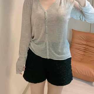 Plain Button-Down Loose Fit Long Sleeve Cardigan