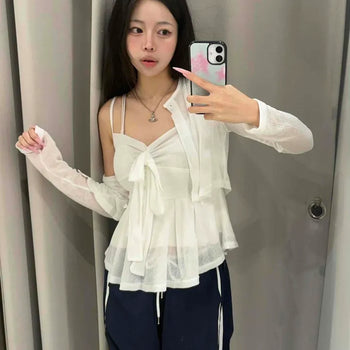 Loose-fit Plain Ribbon See-through Open-front Long-sleeve Cardigan