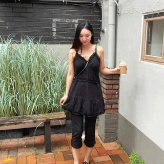 Frill Shirred Strap Loose Fit Sleeveless Mini Dress