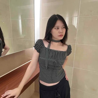 Shirred Ribbon Strap Dot Short Sleeve Blouse
