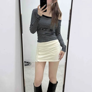 Contrast Snap Wrap Straight Mini Skirt