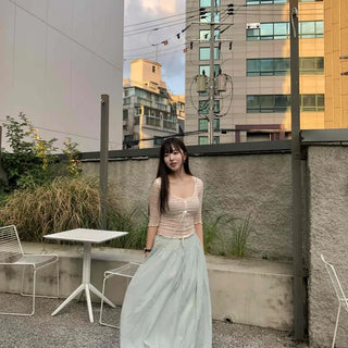 Shirred Ribbon String Wrap Flare Tiered Long Skirt