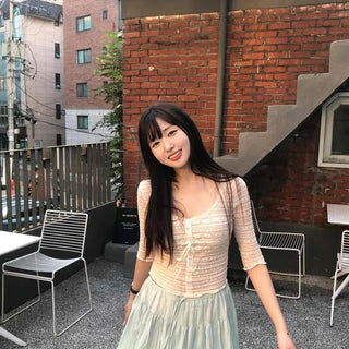 Ribbon Shirred See-through String Flower Slim Fit Short Sleeve T-shirt