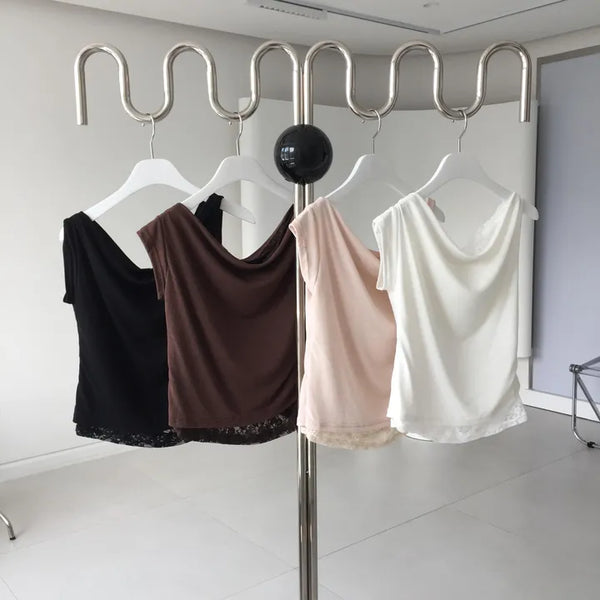 Lace off-shoulder asymmetrical draped shirred short-sleeve t-shirt date look travel look