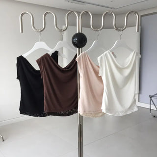Lace off-shoulder asymmetrical draped shirred short-sleeve t-shirt date look travel look