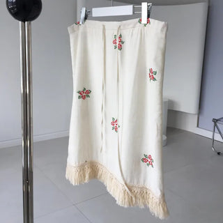 Vintage Hippie Flower Embroidered Midi Skirt with H-Line Waist String Vacation Travel Look