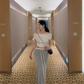 Contrast String Straight Slim Fit H-Line Long Skirt