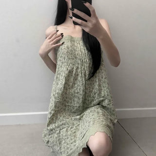 Flower Shirred Pintuck Strap Loose Fit Sleeveless Mini Dress