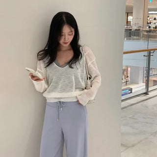 Pree Ne Summer See-through Deep V-Neck Loose Fit Knit