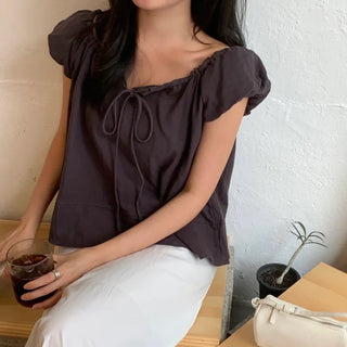 Elive Balloon Puff Cap Sleeve Short Sleeve Blouse
