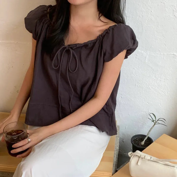 Elive Balloon Puff Cap Sleeve Short Sleeve Blouse
