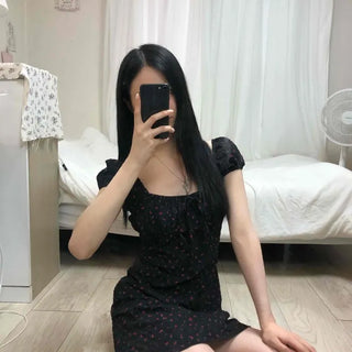 Flower Shirred Frill Ribbon Strap A-Line Mini Dress