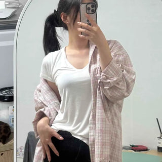Flap Pocket Check Button-Down Oversized Long Sleeve Shirt