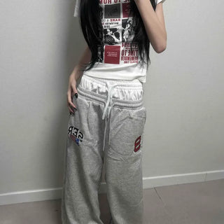 Lettering Numbering String Loose Fit Wide Long Pants