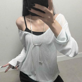 See-through Plain Loose Fit Long Sleeve T-shirt