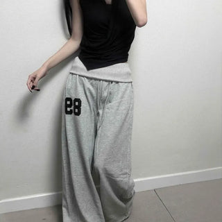 String Flap Pocket Numbering Loose Fit Wide Long Pants