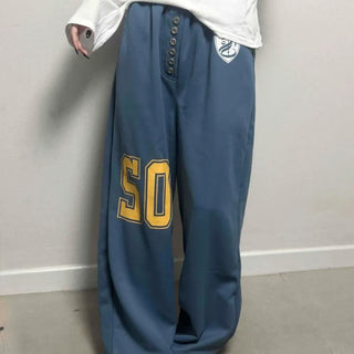 Button Patchwork Numbering Oversized Wide Long Pants