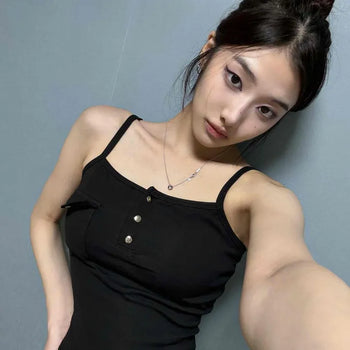 Slim Fit Plain Button Flap Pocket Strap Sleeveless