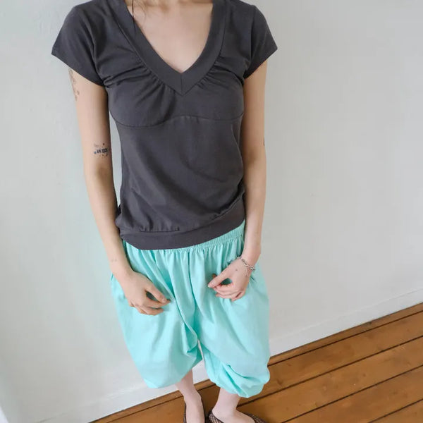 Deep V-neck Shirred T-shirt (4 colors)